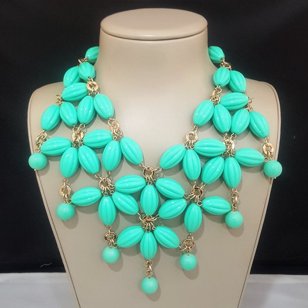 Anthropologie Women's Mint Menthall Flower Beaded Bib Statement Necklace NWT